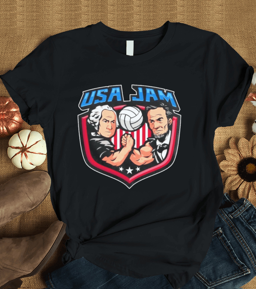 USA Jam Volleyball Arm Wrestling George Washington Abraham Lincoln T-Shirt