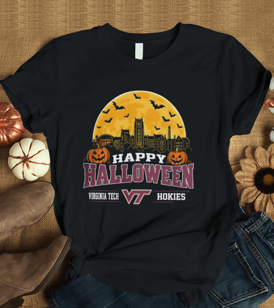 Virginia Tech Hokies Happy Halloween VT Skyline Pumpkins Bats Moon 2026 T-Shirt
