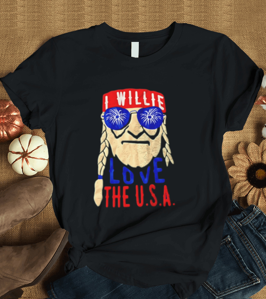 I Willie Nelson Love The U.S.A. Braided Hair Fireworks Sunglasses T-Shirt