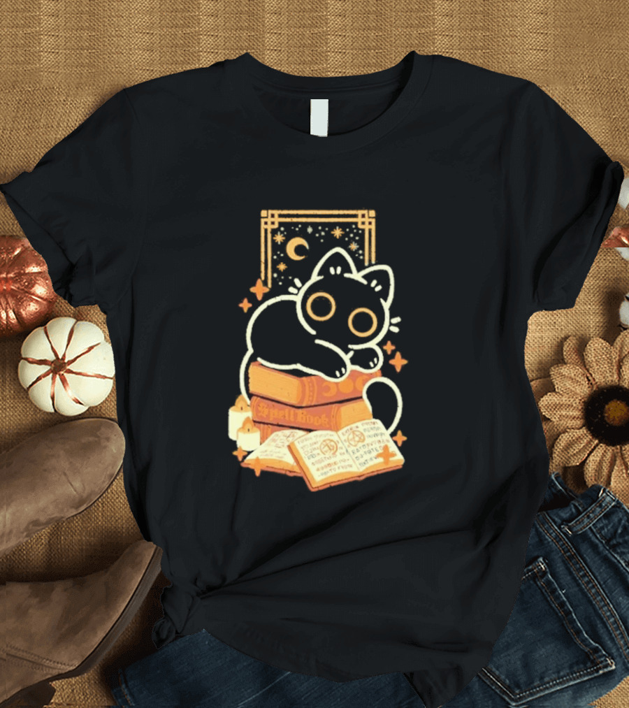 Black Cat Spell Book Candles Moon Stars Mystical Scene T-Shirt