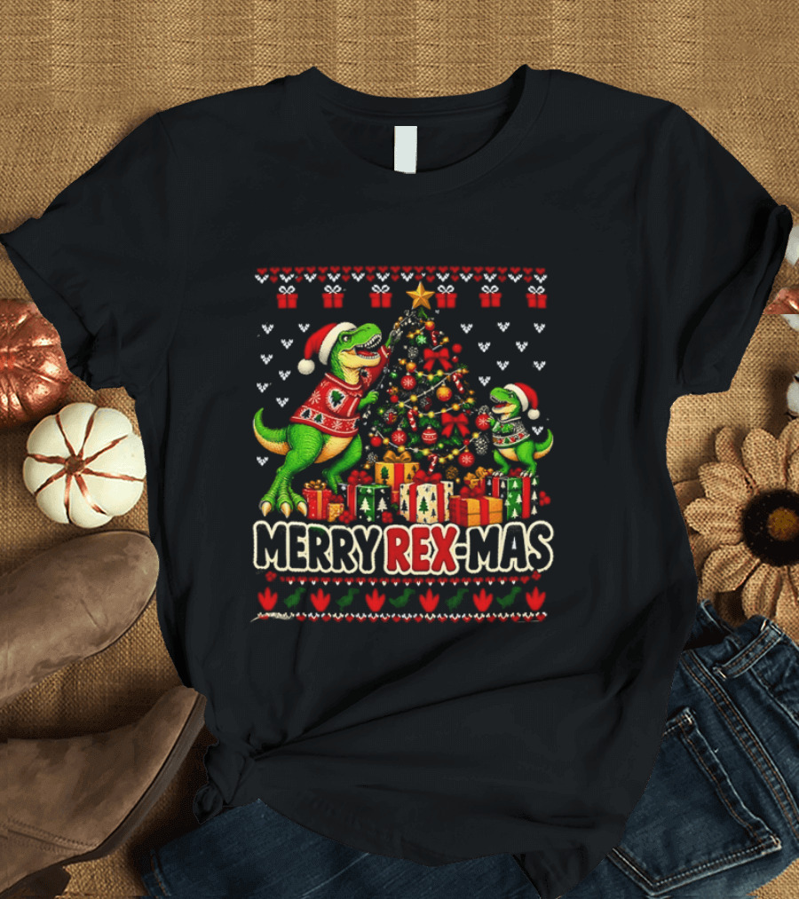 Merry Rex Mas Rex Dinosaur Christmas Tree Santa Hats T-Shirt