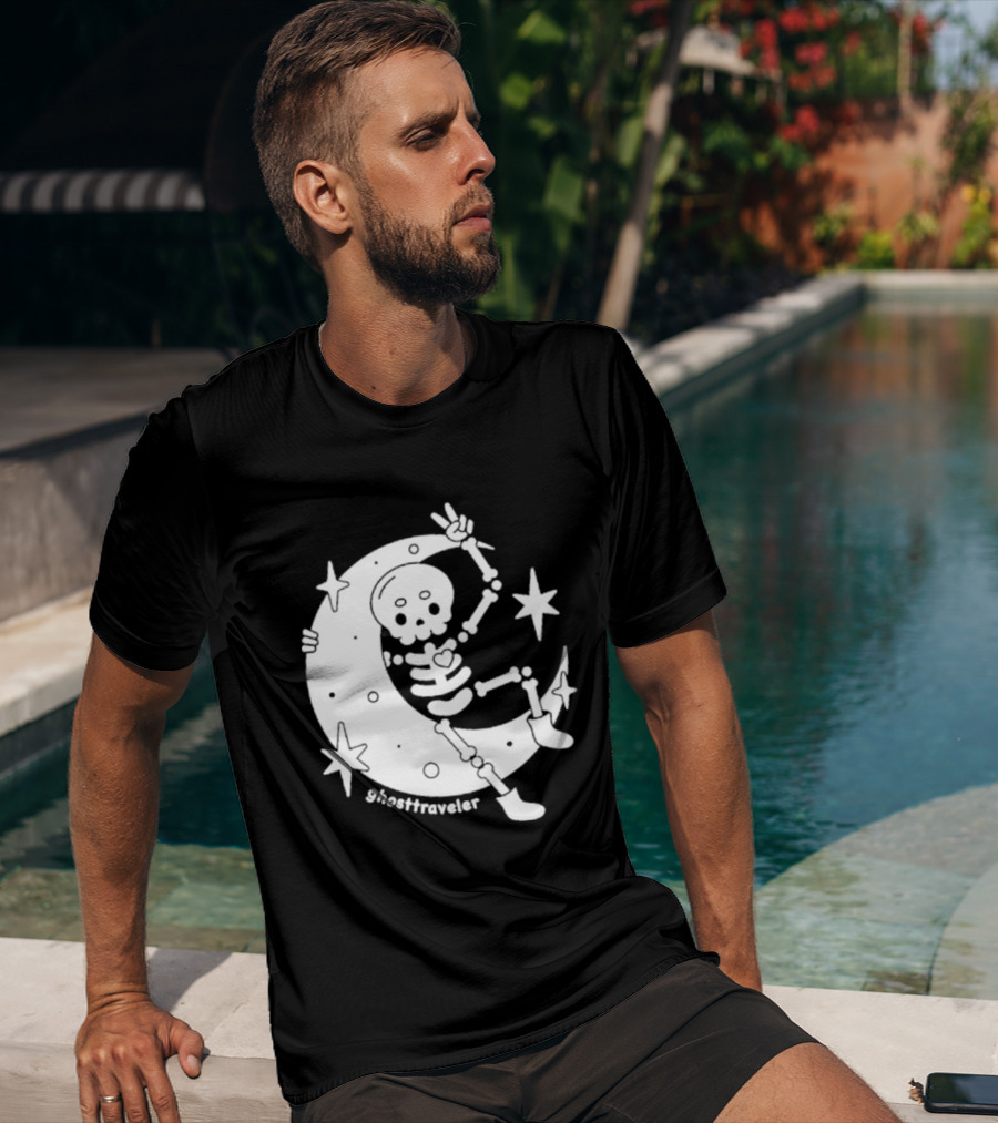Ghosttraveler Skeleton On The Moon With Stars Spooky Halloween T-Shirt