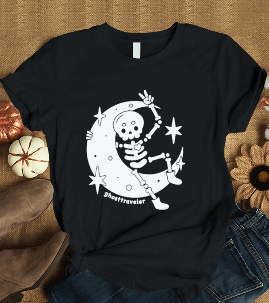 Ghosttraveler Skeleton On The Moon With Stars Spooky Halloween T-Shirt