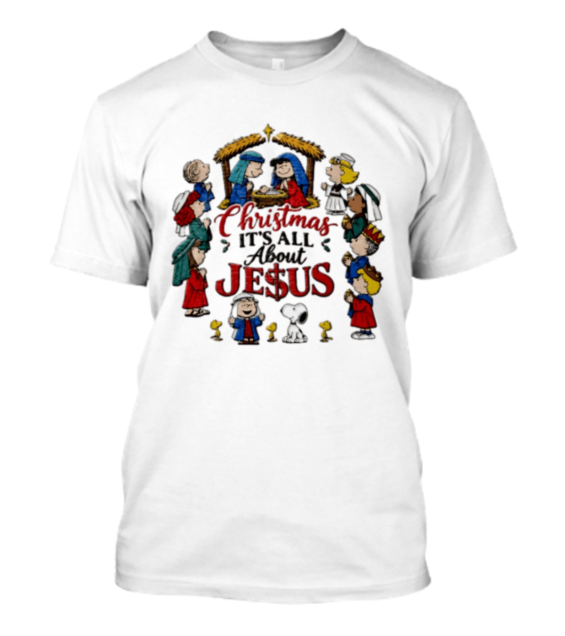 Christmas It's All About Jesus Charlie Brown Snoopy Peanuts Nativity Scene T-Shirt