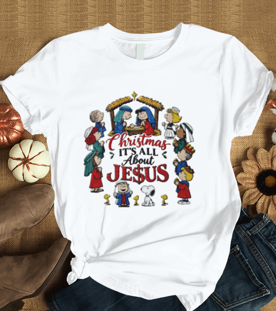 Christmas It's All About Jesus Charlie Brown Snoopy Peanuts Nativity Scene T-Shirt