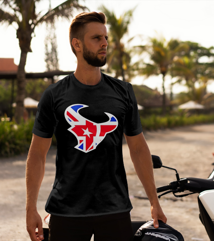 2026 Houston Texans London Game Union Jack Bull Football Event T-Shirt
