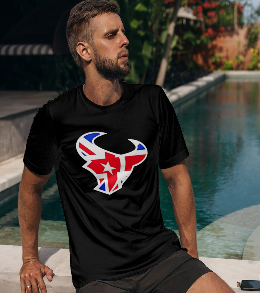 2026 Houston Texans London Game Union Jack Bull Football Event T-Shirt