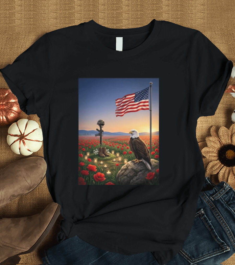 Battlefield Cross American Flag Eagle Honor Our Fallen Heroes Poppy Field T-Shirt