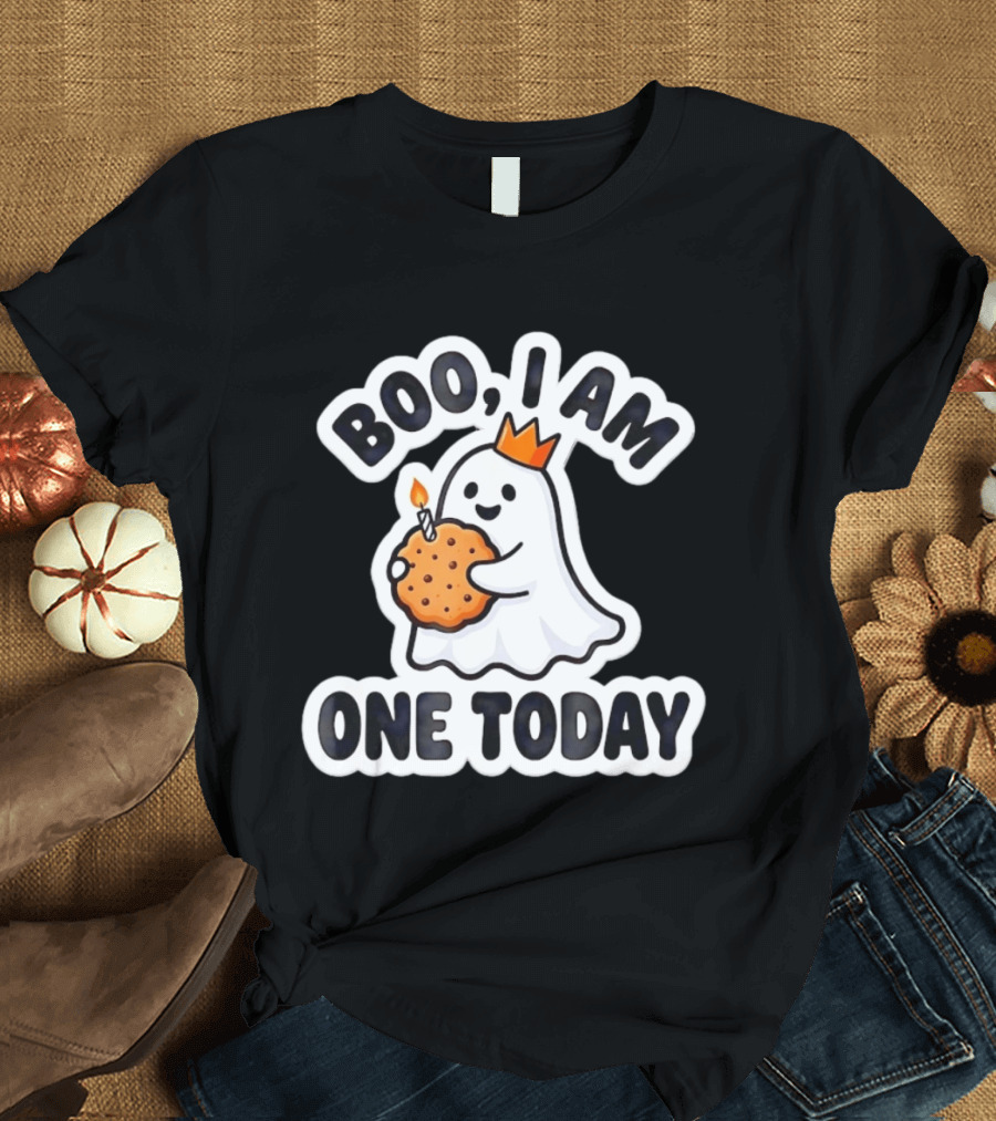 Boo I Am One Today Ghost With Crown And Cookie Birthday Candle T-Shirt