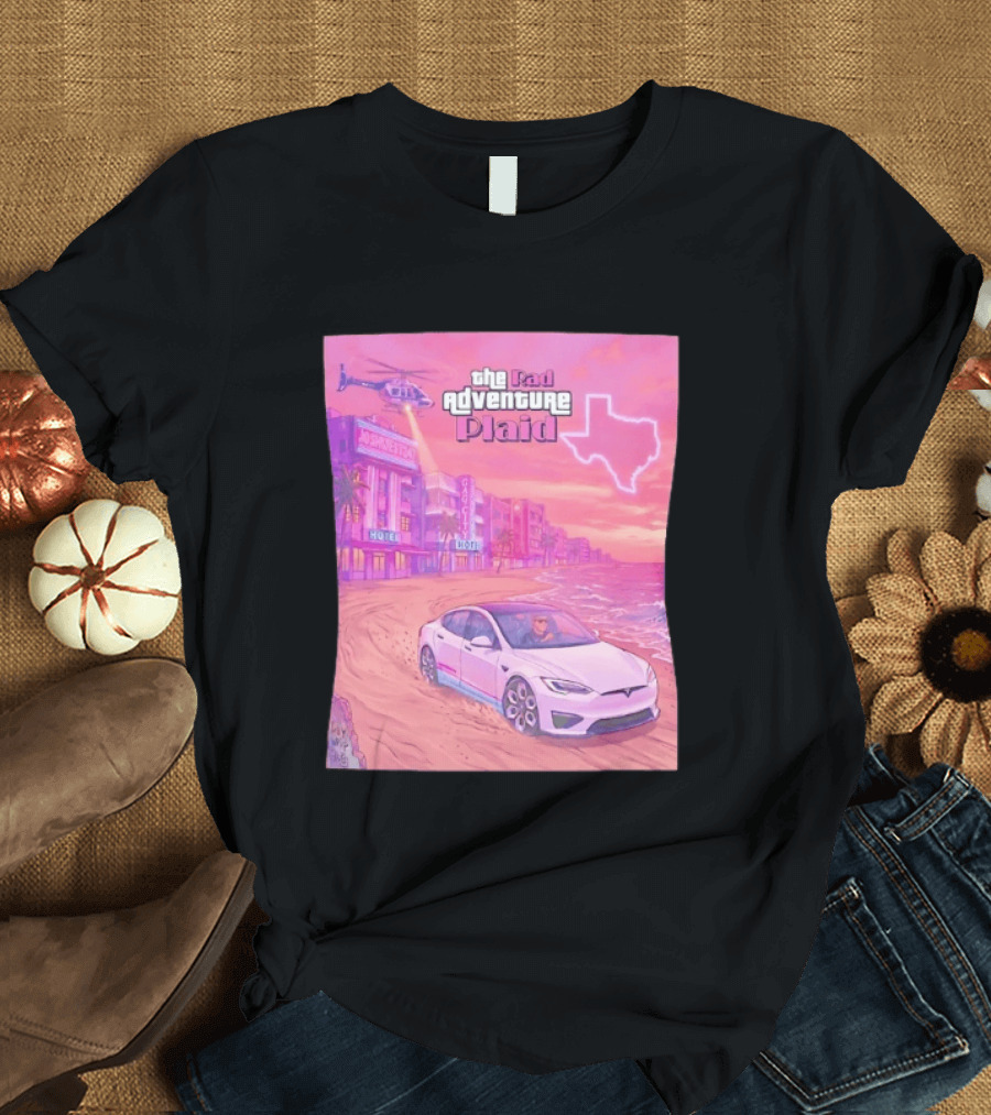 Rad Adventure Plaid Tesla Beach Gag City Joshwest247 Texas Neon Helicopter T-Shirt