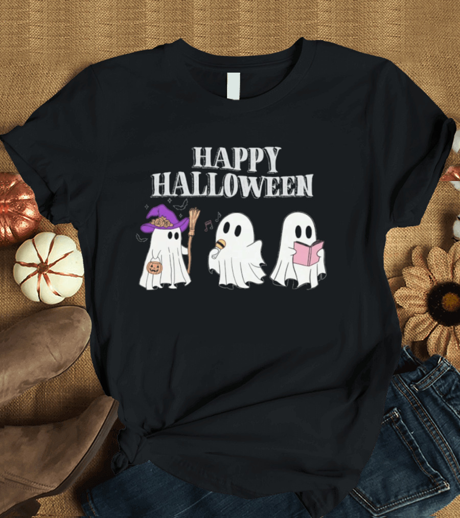 Happy Halloween Ghosts With Witch Hat Singing And Reading T-Shirt