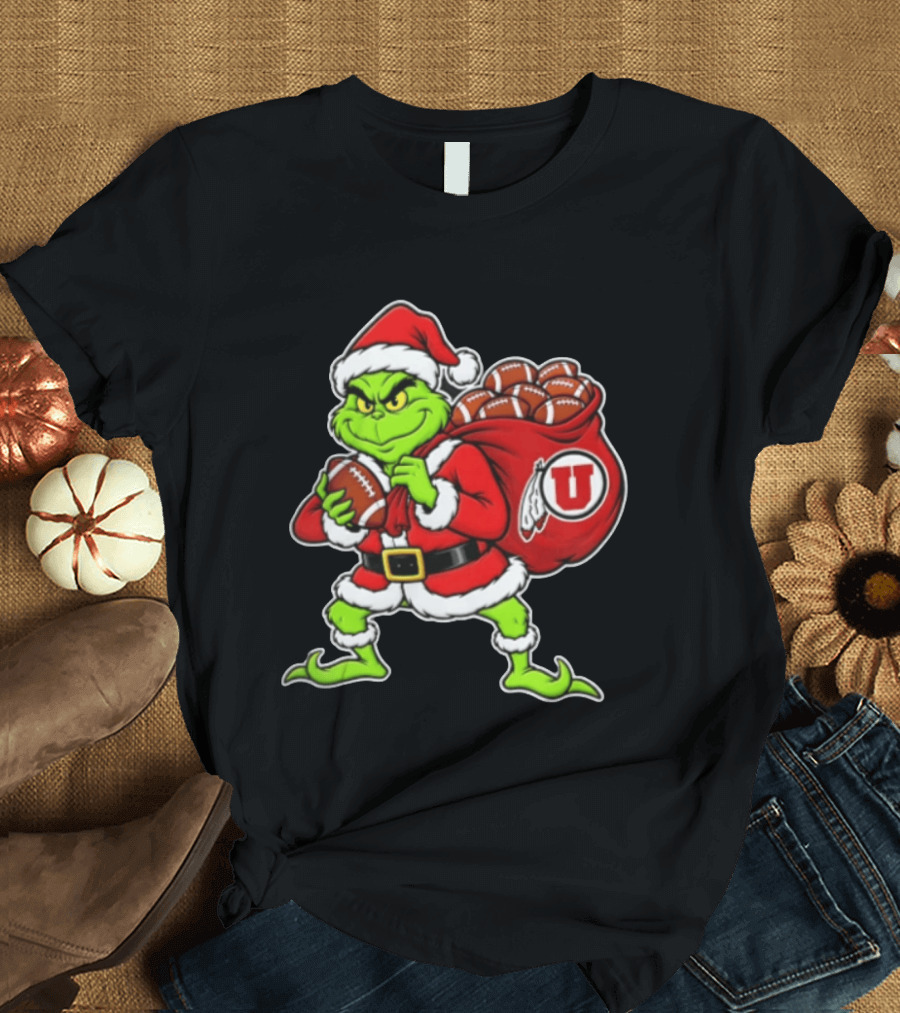 Santa Grinch Utah Utes With Chiefs Footballs Christmas T-Shirt