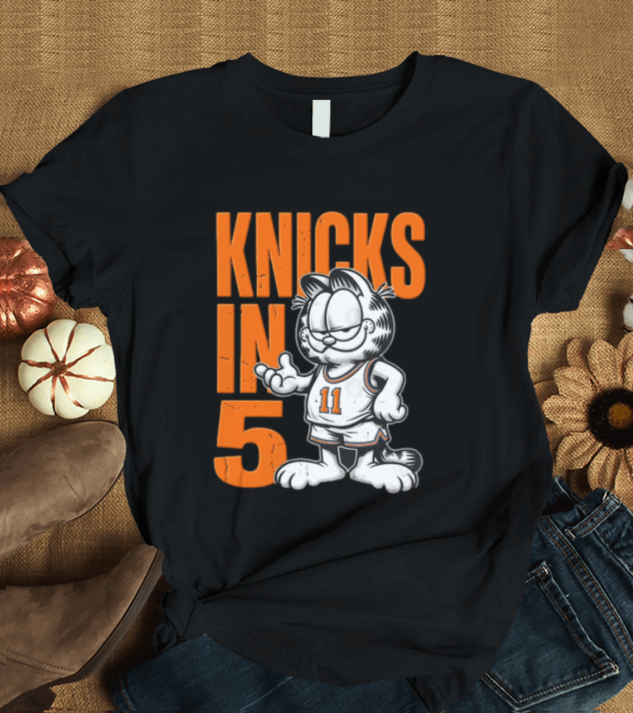 Knicks In 5 Cartoon Cat Wearing Basketball Jersey T-Shirt