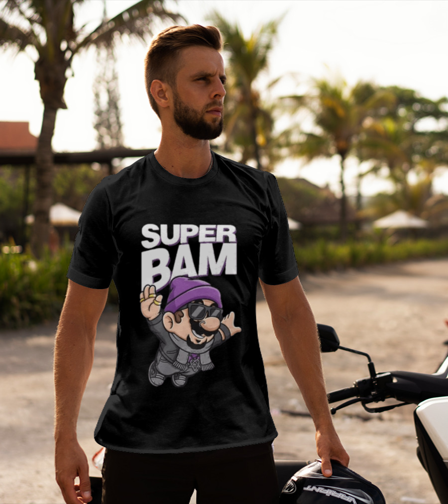 Super Bam Margera Cartoon Style Jackass Purple Beanie Sunglasses Rugged Look T-Shirt