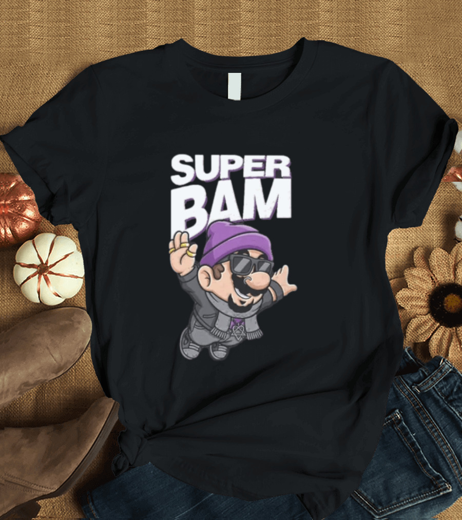 Super Bam Margera Cartoon Style Jackass Purple Beanie Sunglasses Rugged Look T-Shirt