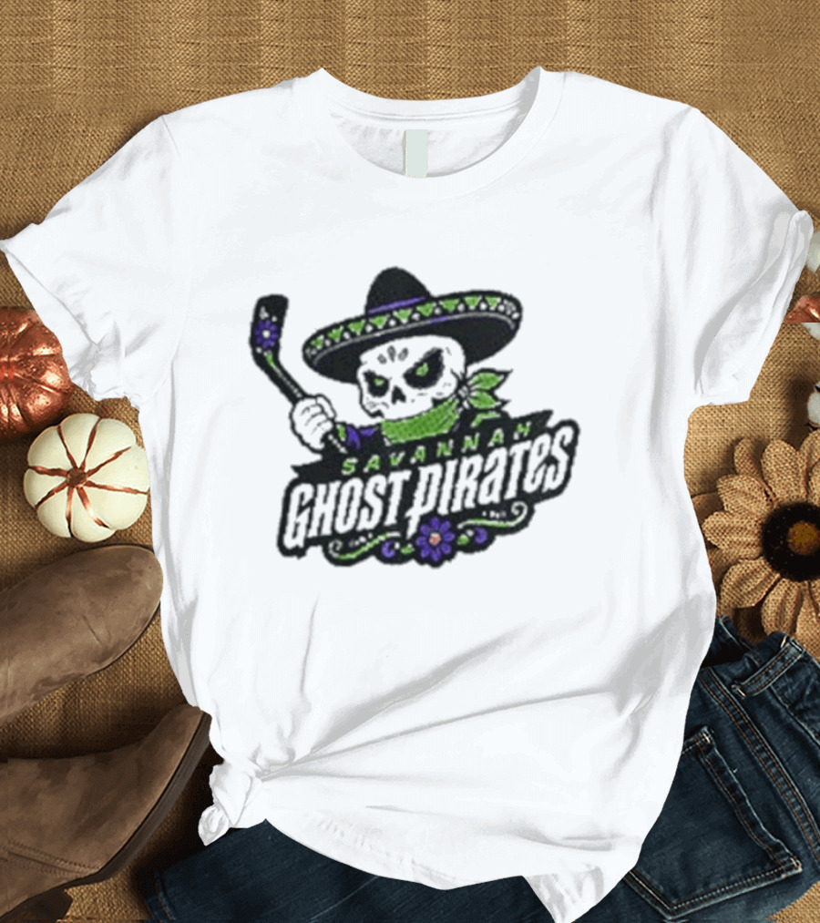 Savannah Ghost Pirates Day Of The Dead Skull Hockey Sombrero T-Shirt