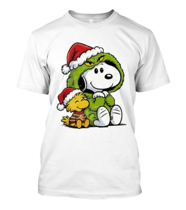 Snoopy And Woodstock In Grinch Costumes With Santa Hats Christmas T-Shirt