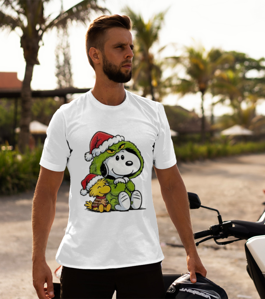 Snoopy And Woodstock In Grinch Costumes With Santa Hats Christmas T-Shirt