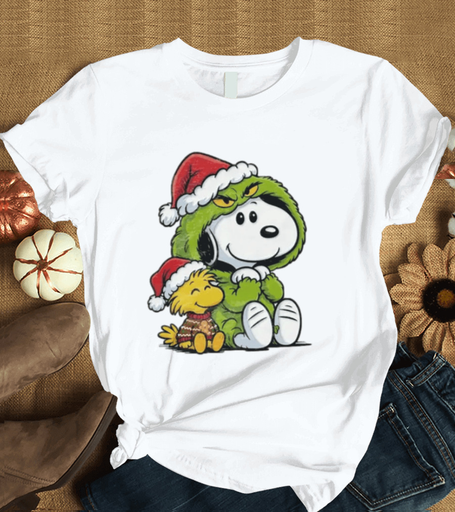 Snoopy And Woodstock In Grinch Costumes With Santa Hats Christmas T-Shirt