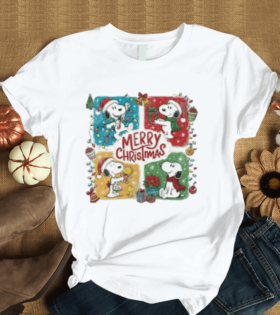Snoopy Merry Christmas Festive Celebration With Presents And Santa Hat T-Shirt