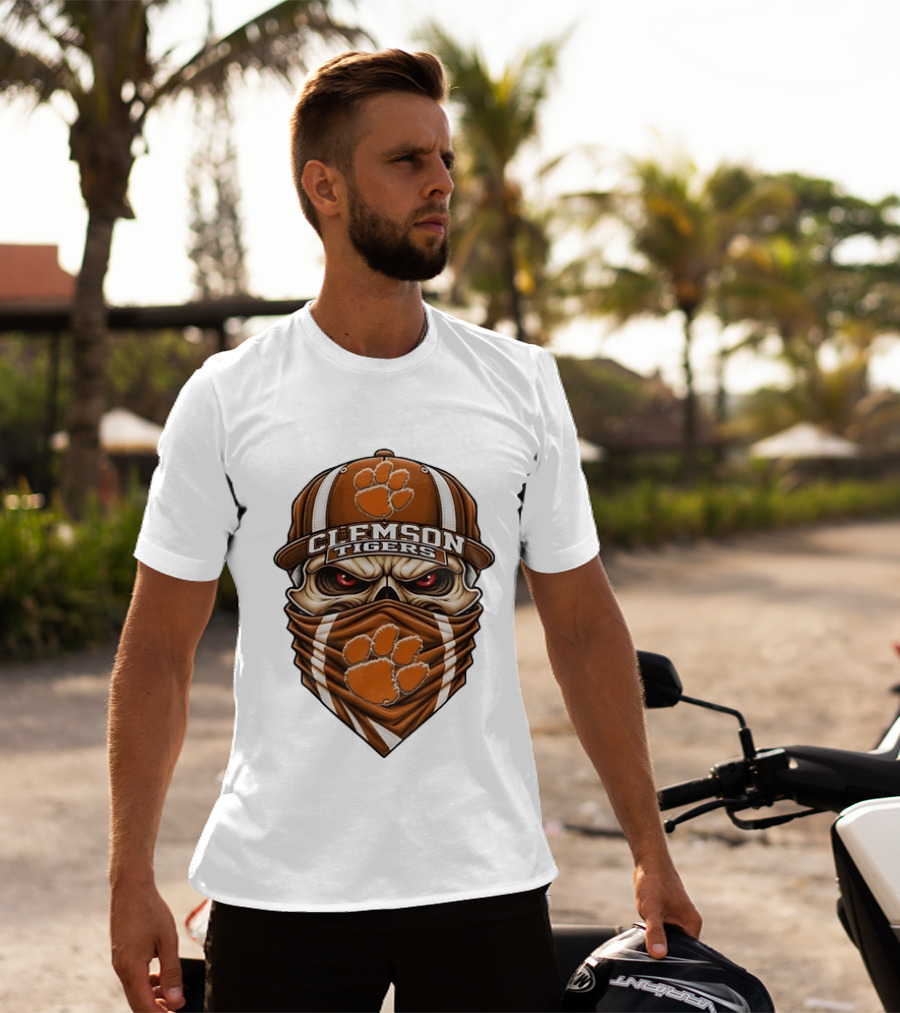 Clemson Tigers Skull Mask With Paw Cap T-Shirt