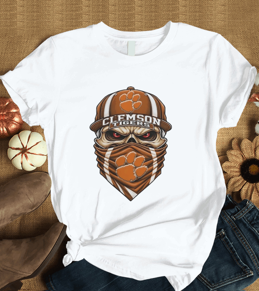 Clemson Tigers Skull Mask With Paw Cap T-Shirt
