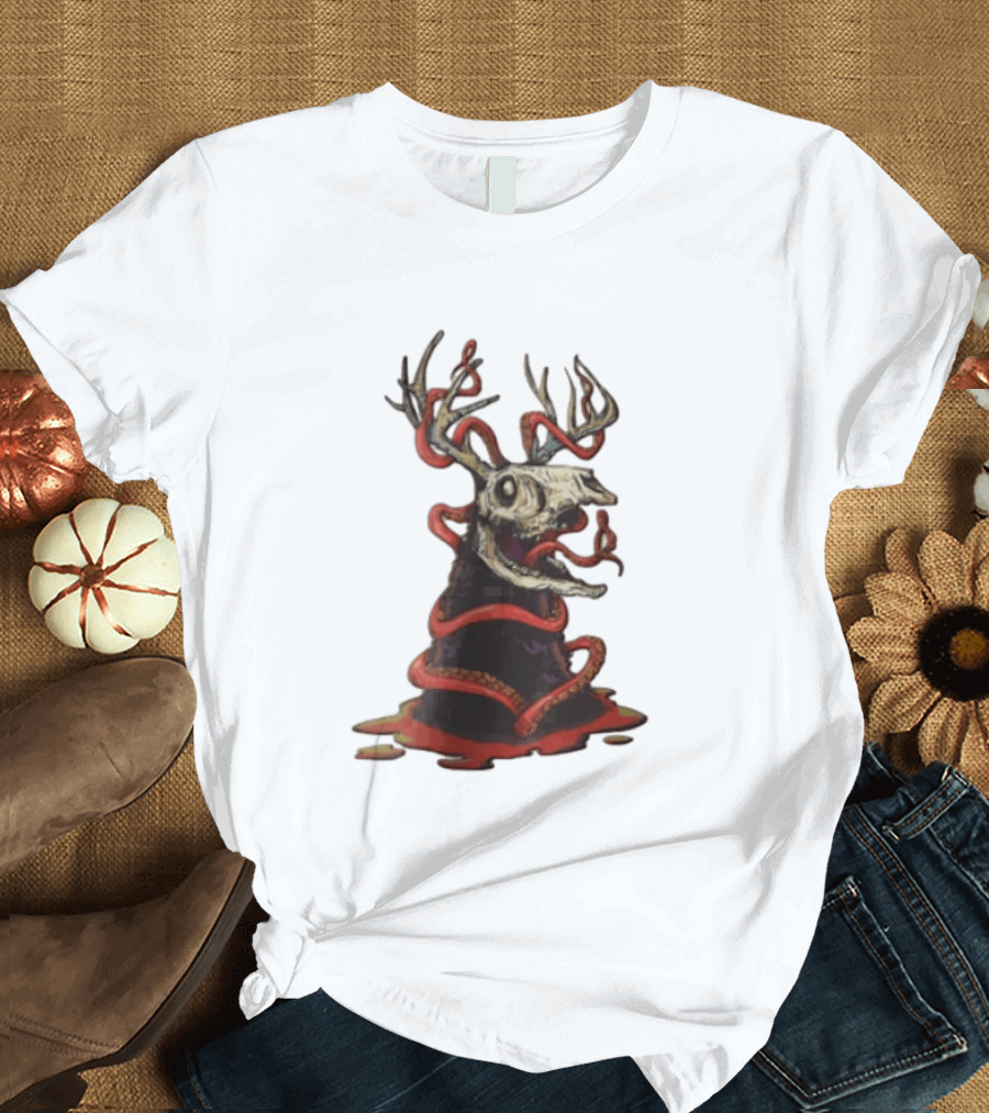 Deer Skull With Red Tentacles And Geometric T-Shirt