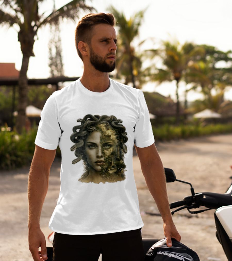 Medusa Woman Face Snakes Hair Ancient Ruins T-Shirt