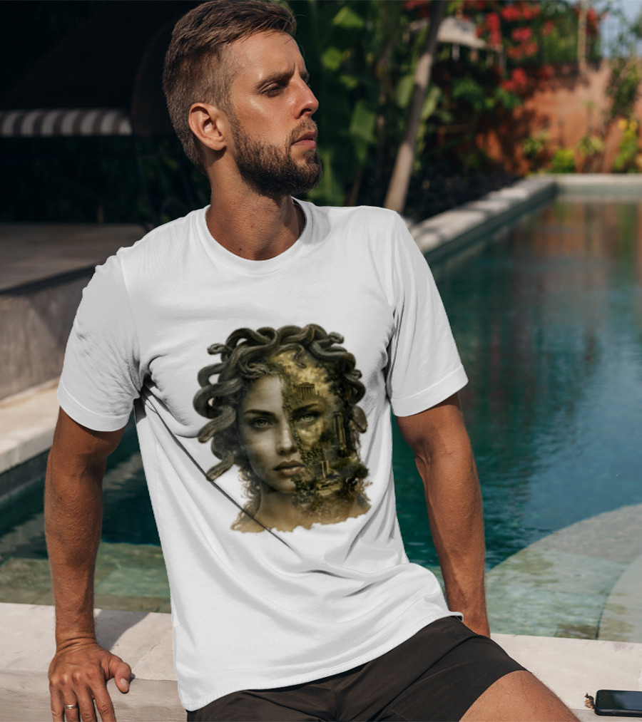 Medusa Woman Face Snakes Hair Ancient Ruins T-Shirt