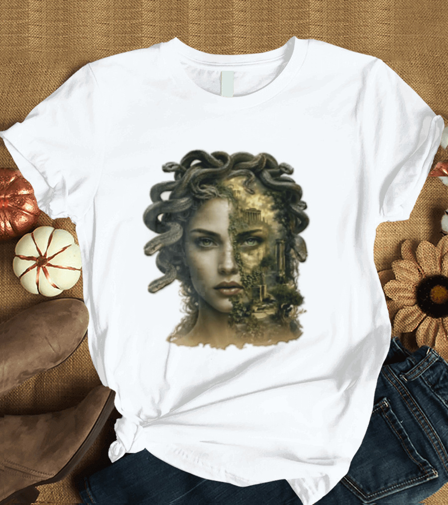 Medusa Woman Face Snakes Hair Ancient Ruins T-Shirt