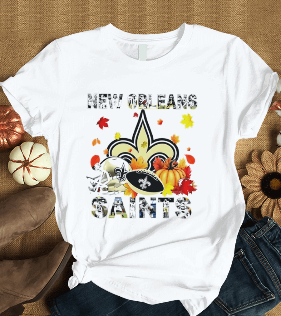 New Orleans Saints Autumn 2026 Pumpkin Leaves Football T-Shirt