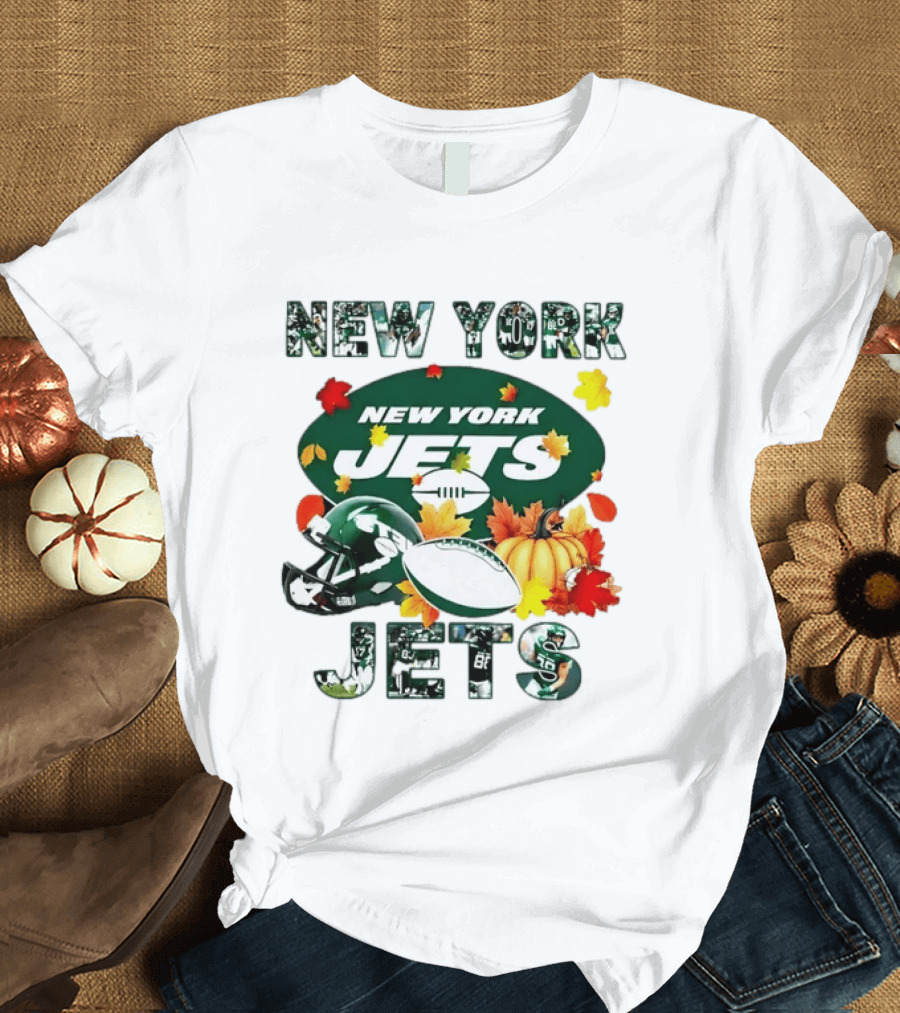 New York Jets Legend Autumn Football Leaves Helmet Pumpkin 2026 T-Shirt