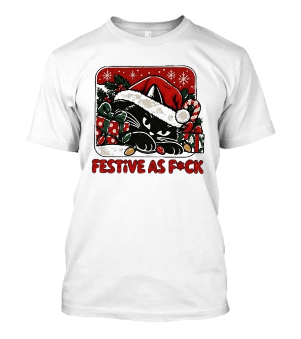 Grumpy Black Cat Festive Christmas Santa Hat Holiday Humor T-Shirt