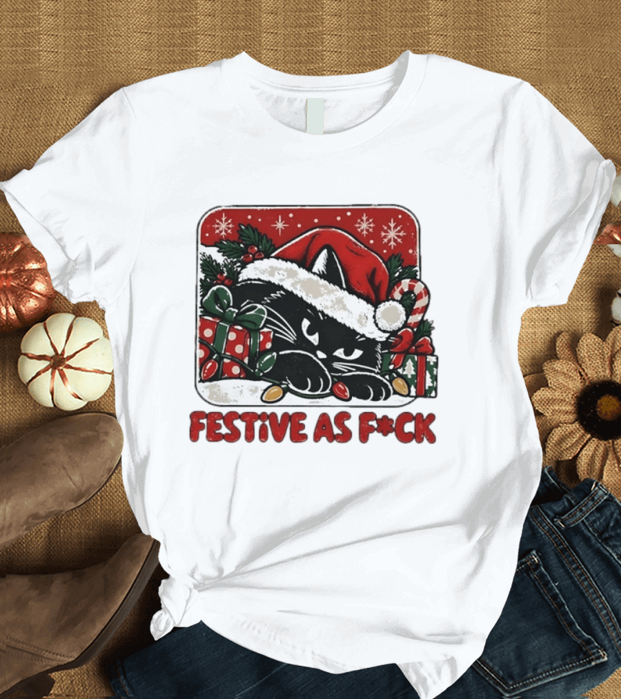 Grumpy Black Cat Festive Christmas Santa Hat Holiday Humor T-Shirt