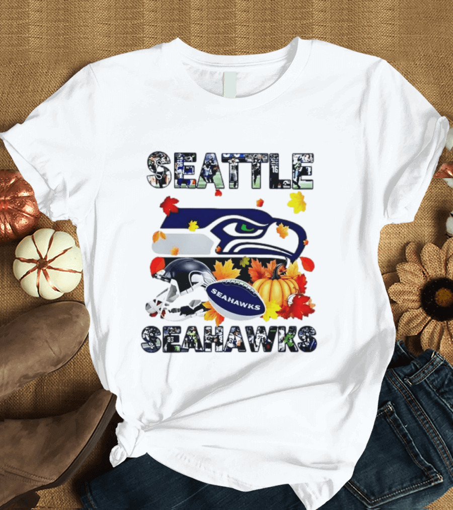 Seattle Seahawks Autumn Legend Player 2026 Football Helmet Pumpkin Leaves T-Shirt