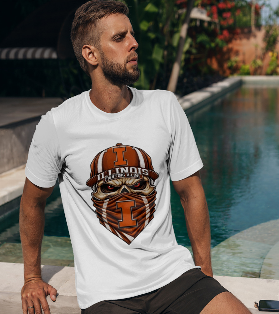 Illinois Fighting Illini Skull Cap Mask NCAA T-Shirt