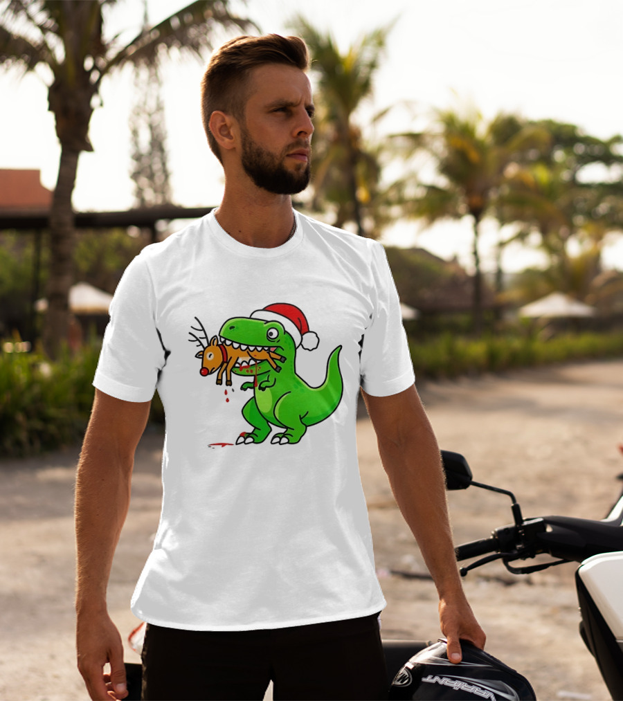 T Rex Eating A Reindeer Santa Hat Christmas Fun T-Shirt
