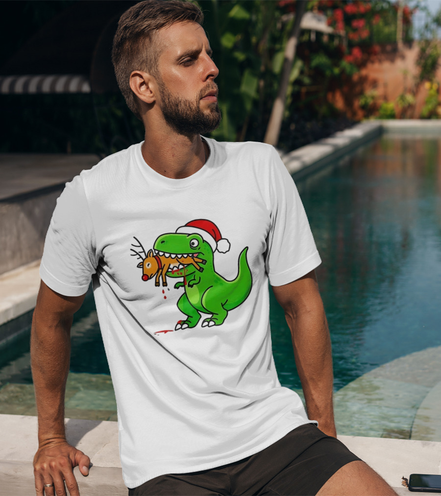 T Rex Eating A Reindeer Santa Hat Christmas Fun T-Shirt