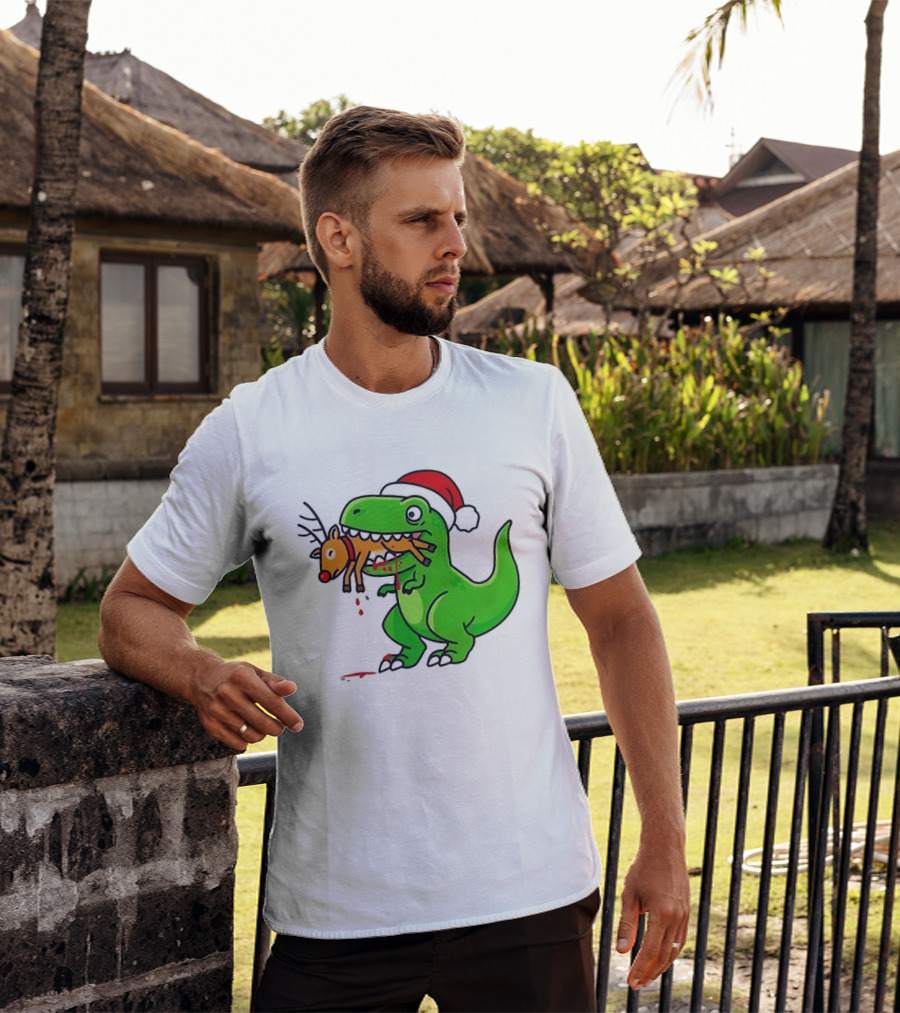 T Rex Eating A Reindeer Santa Hat Christmas Fun T-Shirt