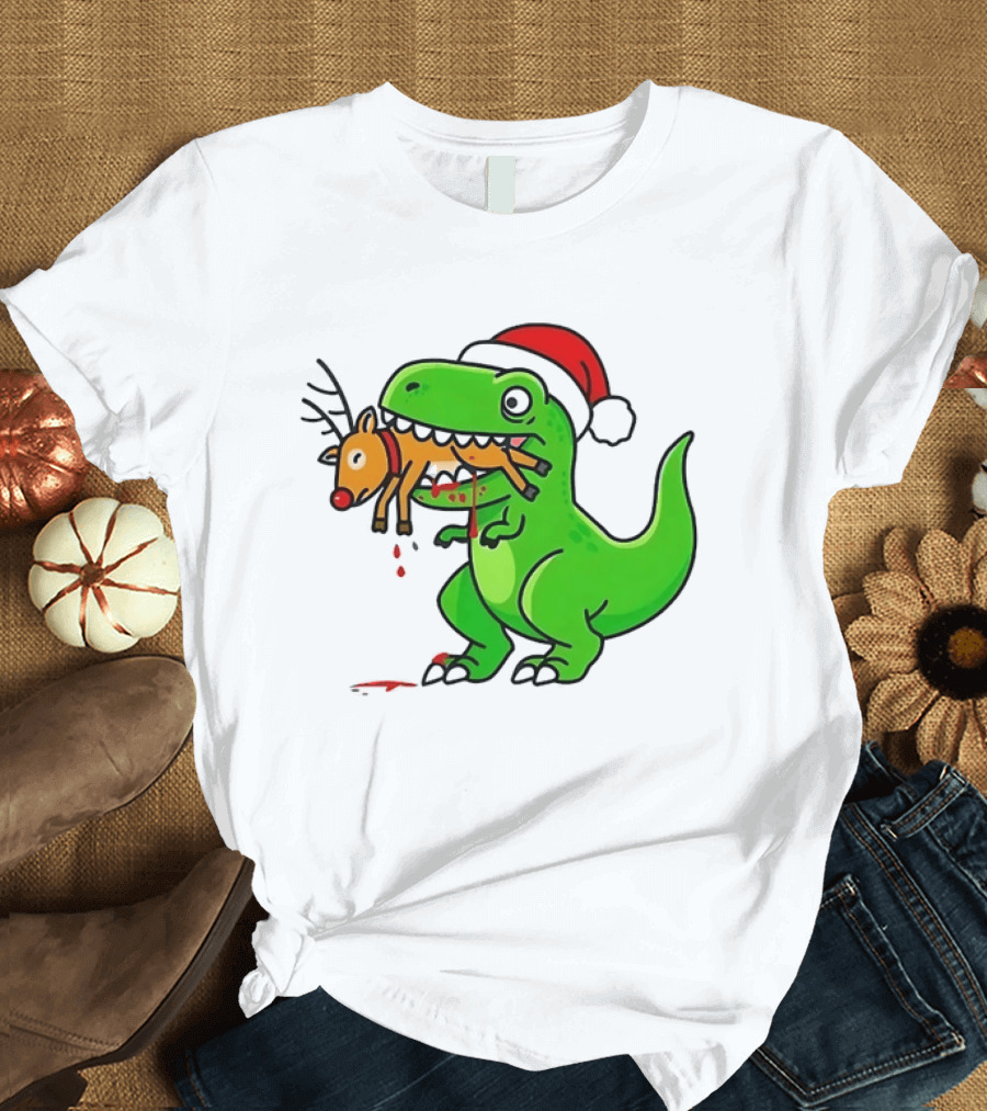 T Rex Eating A Reindeer Santa Hat Christmas Fun T-Shirt
