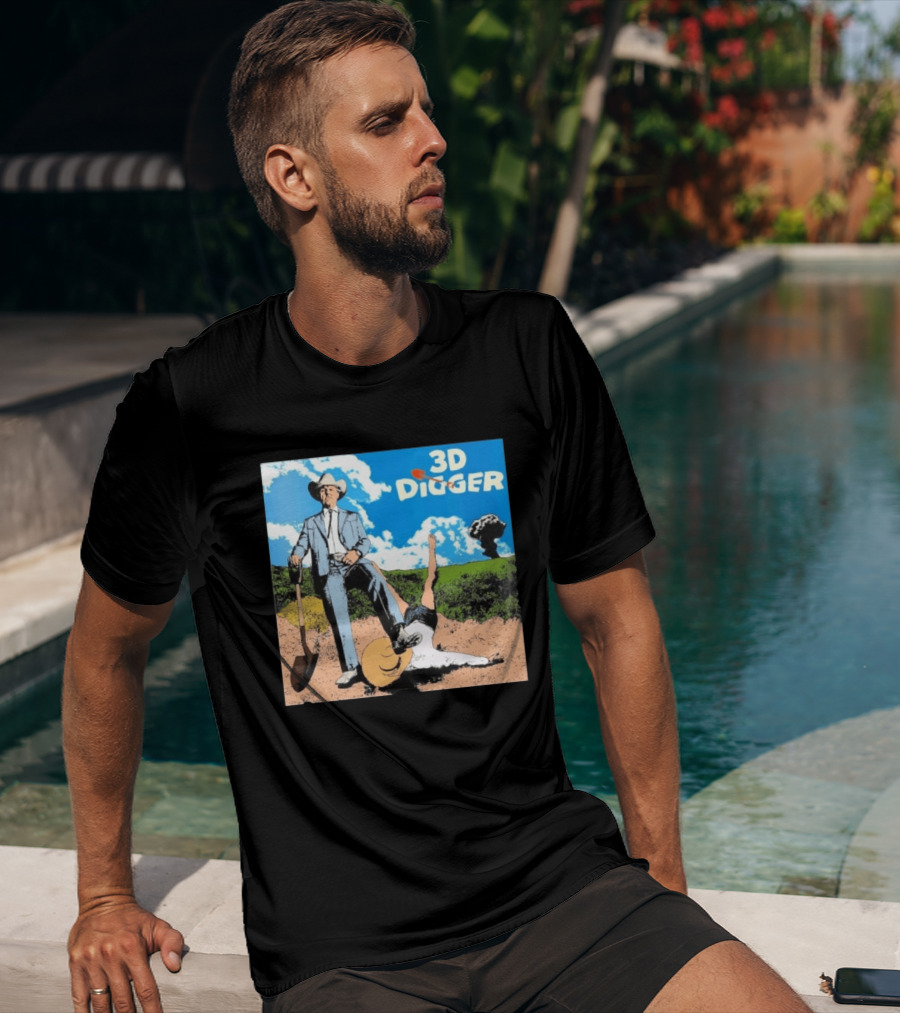 3D Digger Rockwell Western Cowboy Shovel Scene T-Shirt