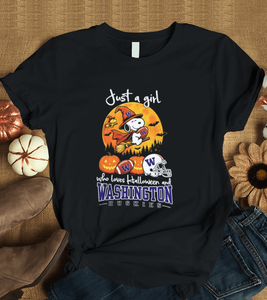 Just A Girl Who Loves Halloween And Washington Huskies Snoopy Woodstock 2026 T-Shirt