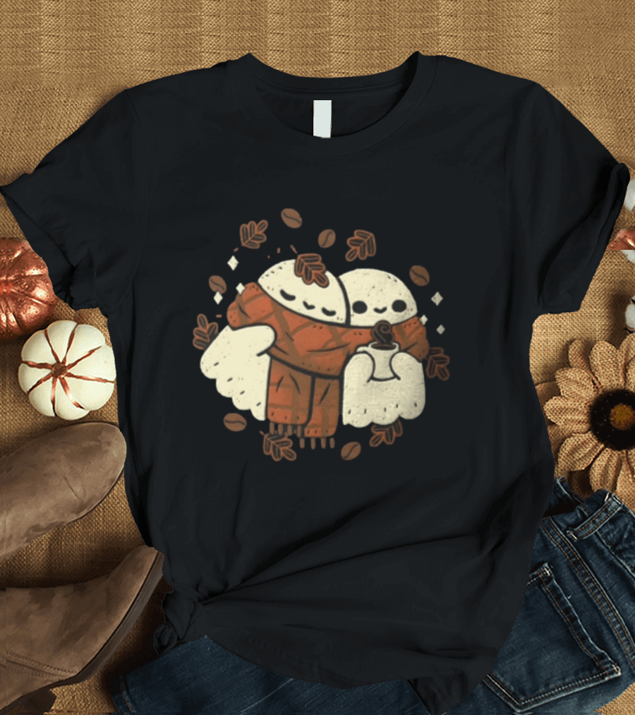 Two Ghosts Cozy In Plaid Scarf With Coffee Surrounded By Fall Leaves And Beans T-Shirt