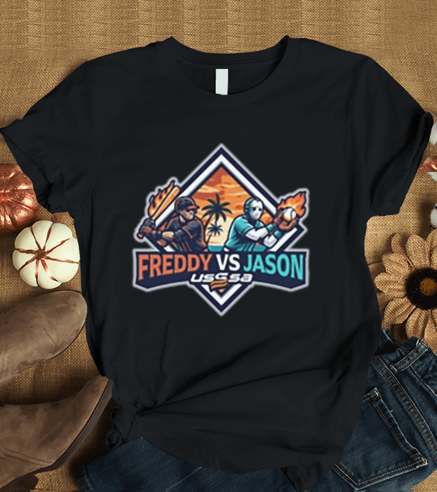 USSSA Freddy Vs Jason Baseball Tournament Palm Tree Flames Bat Catcher T-Shirt