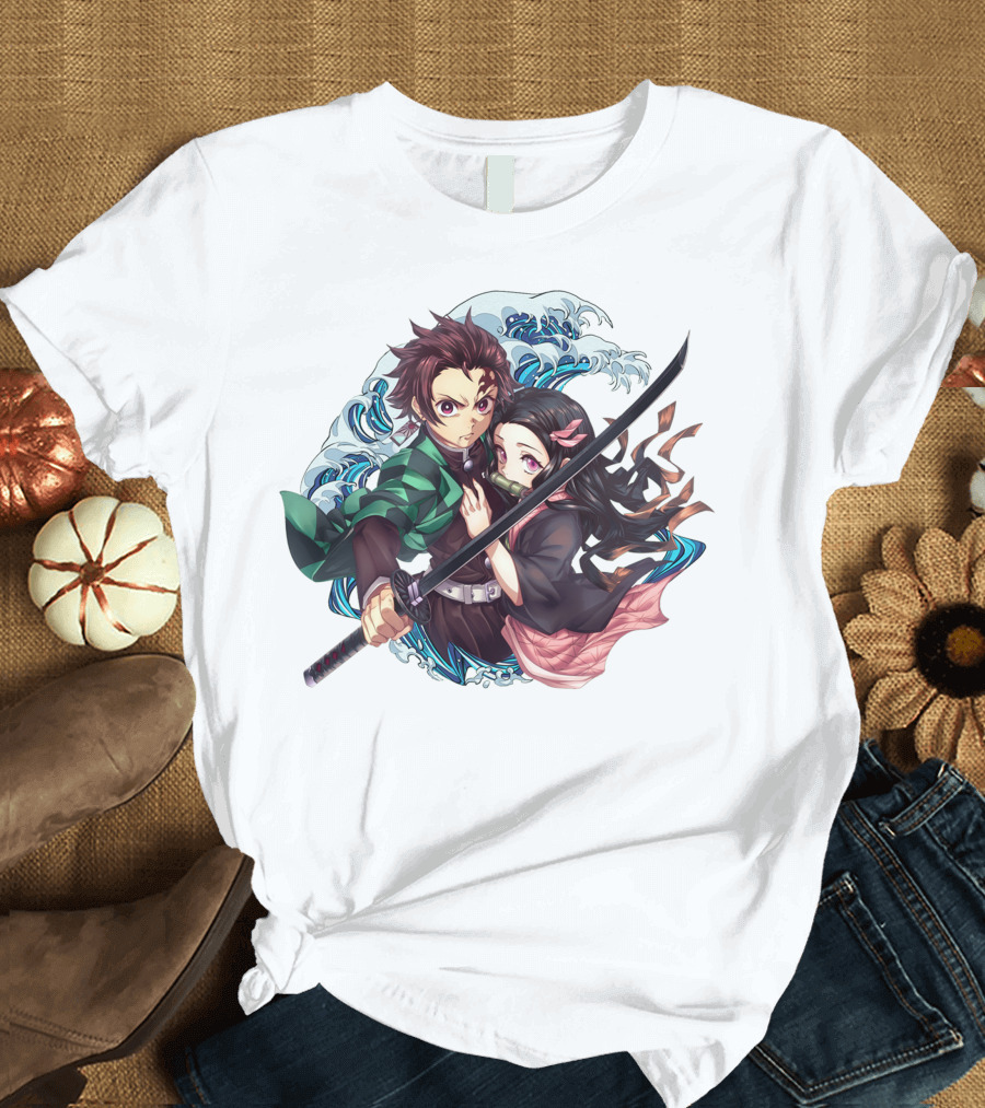 Kimetsu No Yaiba: Demon Slayer Tanjiro Kamado and Nezuko with Sword and Waves T-Shirt