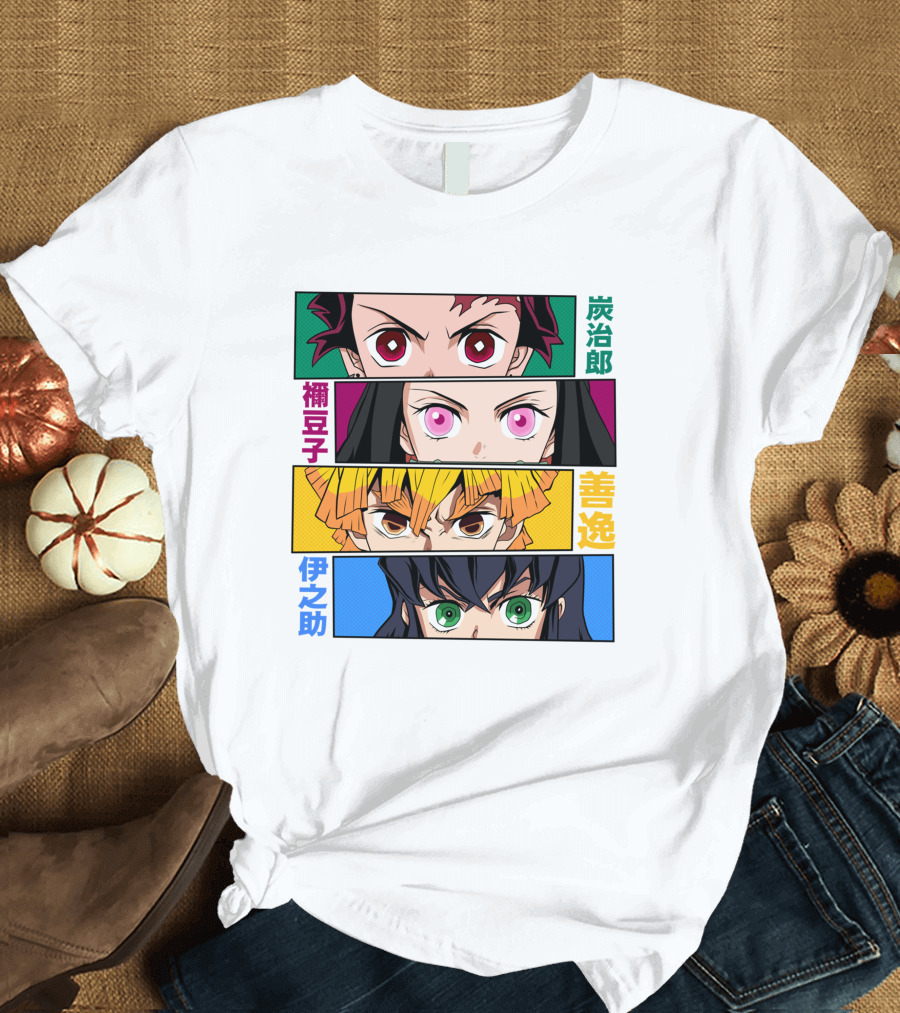 Demon Slayer Kimetsu no Yaiba Tanjiro Nezuko Zenitsu Inosuke Character Faces T-Shirt