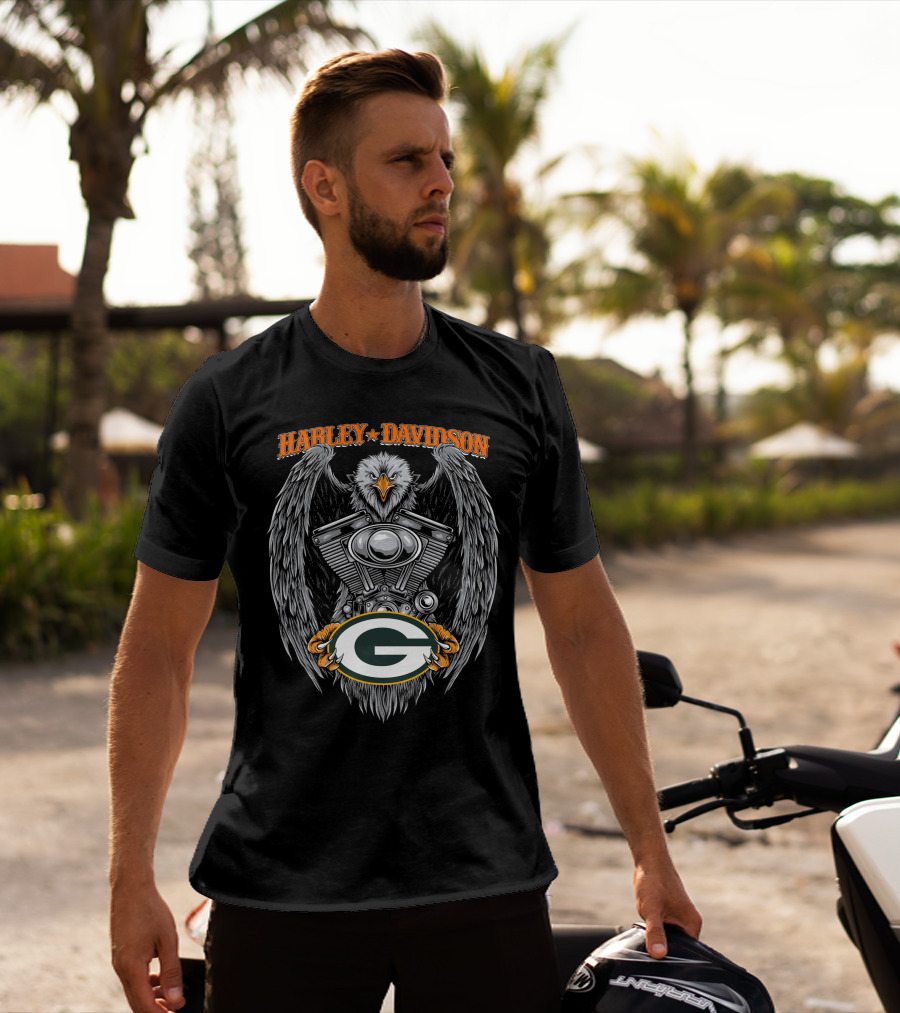 Harley Davidson Eagle V-Twin Engine With Green Bay Packers T-Shirt