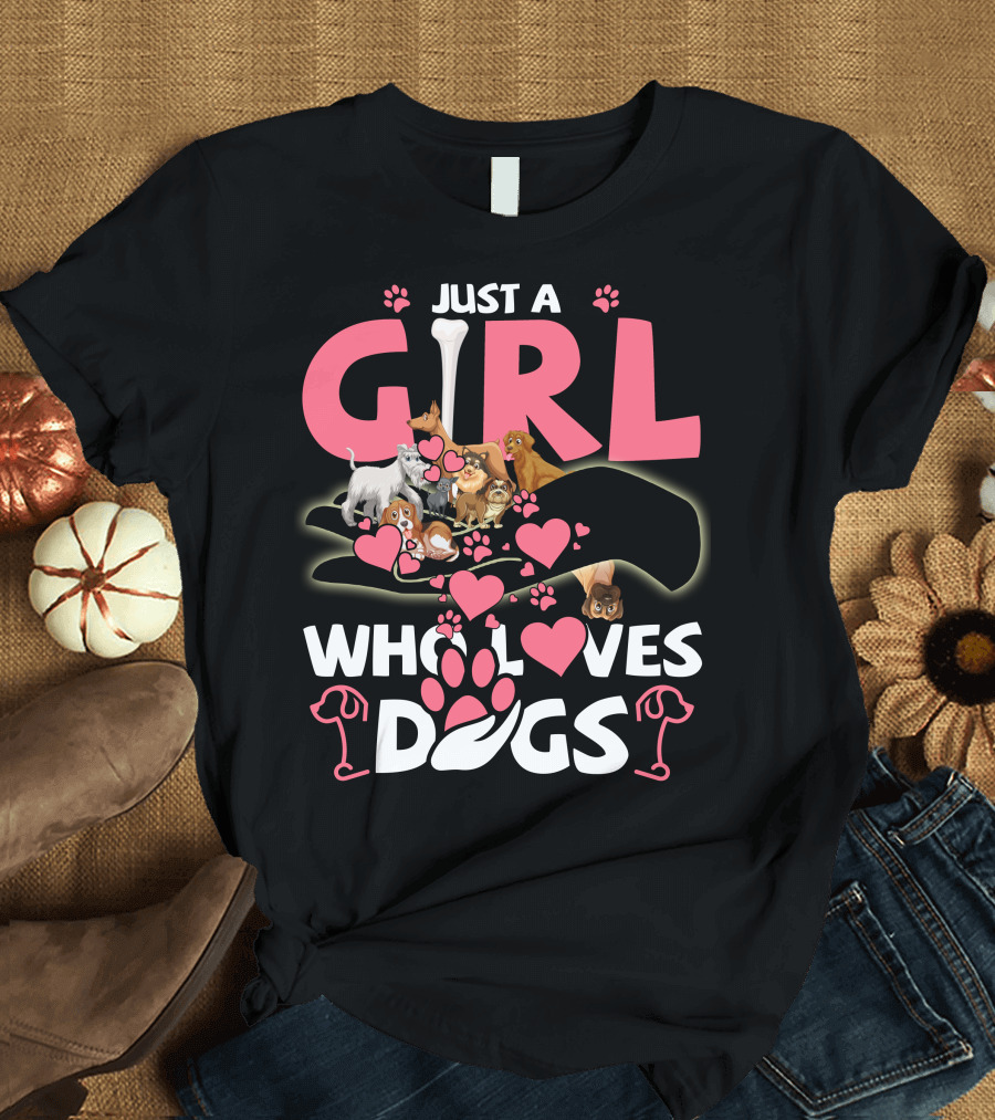 Just a Girl Who Loves Dogs with Cute Puppies and Hearts T-Shirt