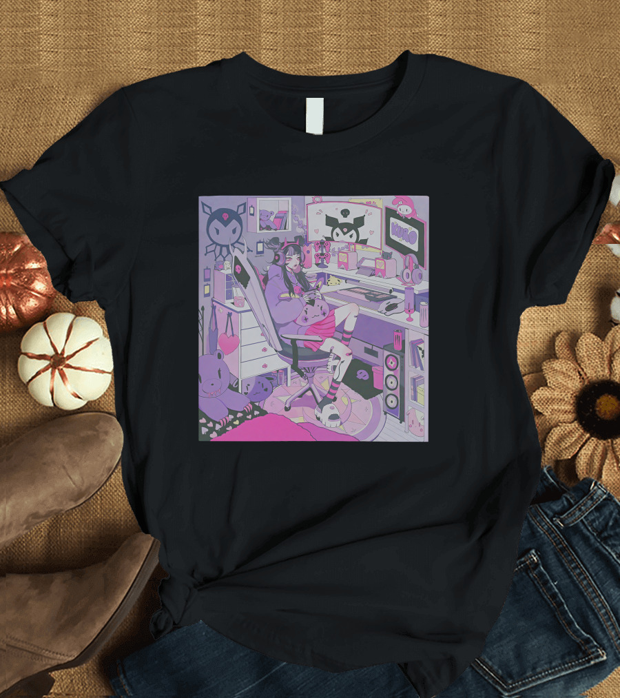 Kiru Made Fuku Mono Lavender Mood Vacuum Anime Gaming Room with Kuro Plushies and Headset Gamer Girl T-Shirt