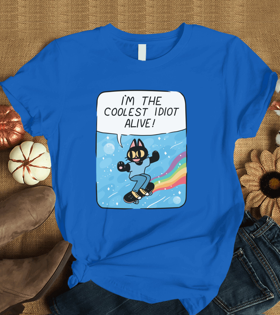 Dinercryptid Time Cowboy Cat Riding Skateboard I'm The Coolest Idiot Still Alive T-Shirt